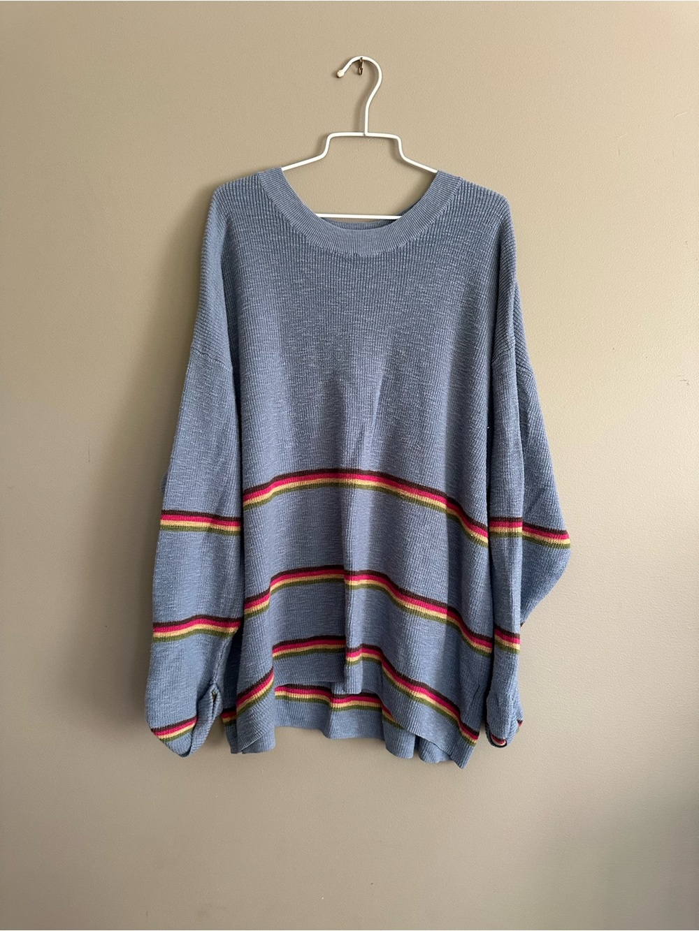 Light Blue Crewneck Sweater with Multicolor Stripe Detail